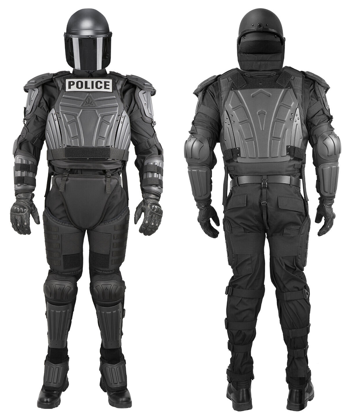 Tactical riot suit featuring front and back views, designed for police with enhanced protection and mobility.